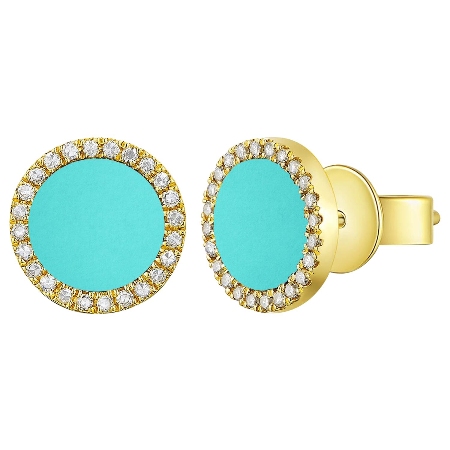 14 Karat Yellow Gold 0.10 Carat Diamond Turquoise Earrings For Sale