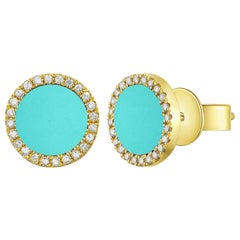 14 Karat Yellow Gold 0.10 Carat Diamond Turquoise Earrings