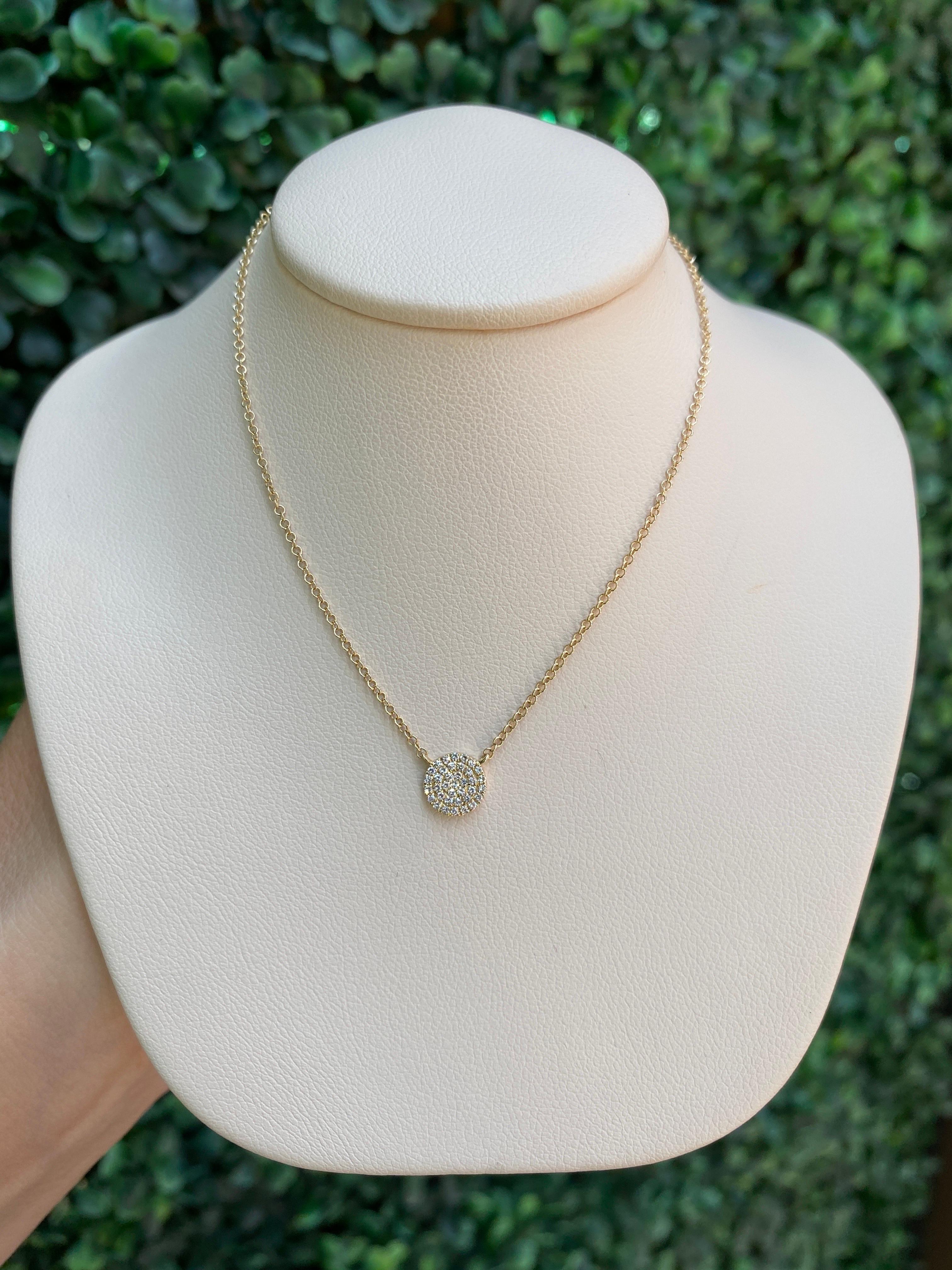 Round Cut 14 Karat Yellow Gold 0.10 Carat Total Weight Pave Diamond Disc Necklace For Sale