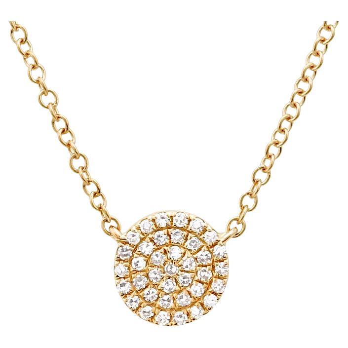 14 Karat Yellow Gold 0.10 Carat Total Weight Pave Diamond Disc Necklace For Sale