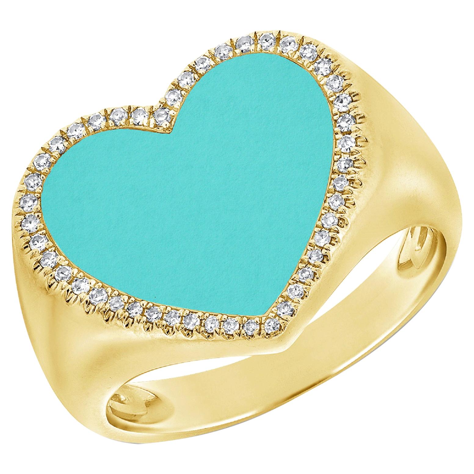14 Karat Yellow Gold 0.11 Carat Diamond & Turquoise Heart Ring For Sale
