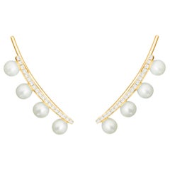 14 Karat Yellow Gold 0.115 Carat Pearl and Round Diamond Climbing Earrings