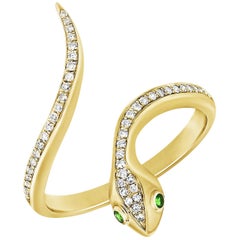 14 Karat Yellow Gold 0.12 Carat Diamond and Tsavorite Snake Ring