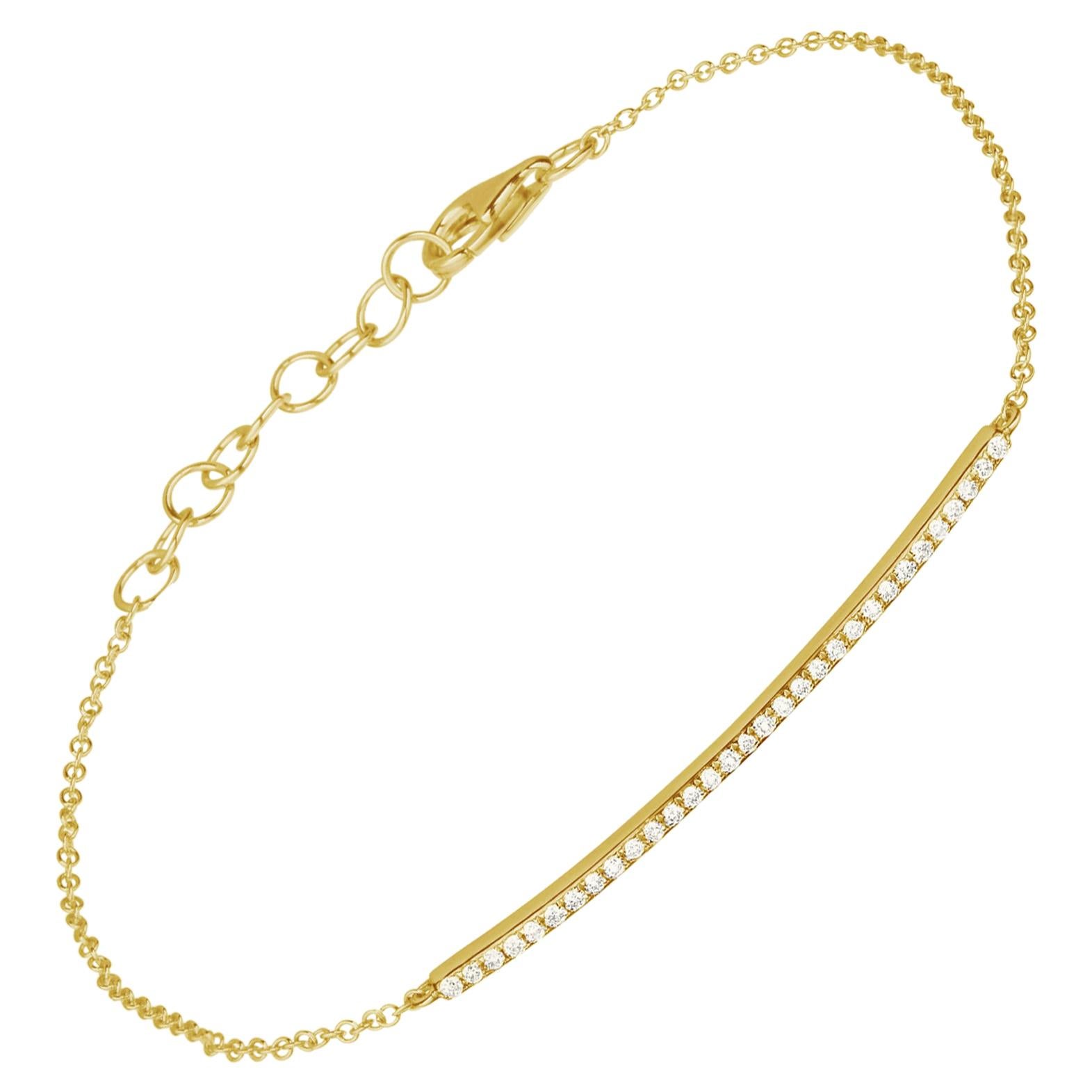 14 Karat Yellow Gold 0.129 Carat Round Diamond Bar Chain Bracelet For Sale