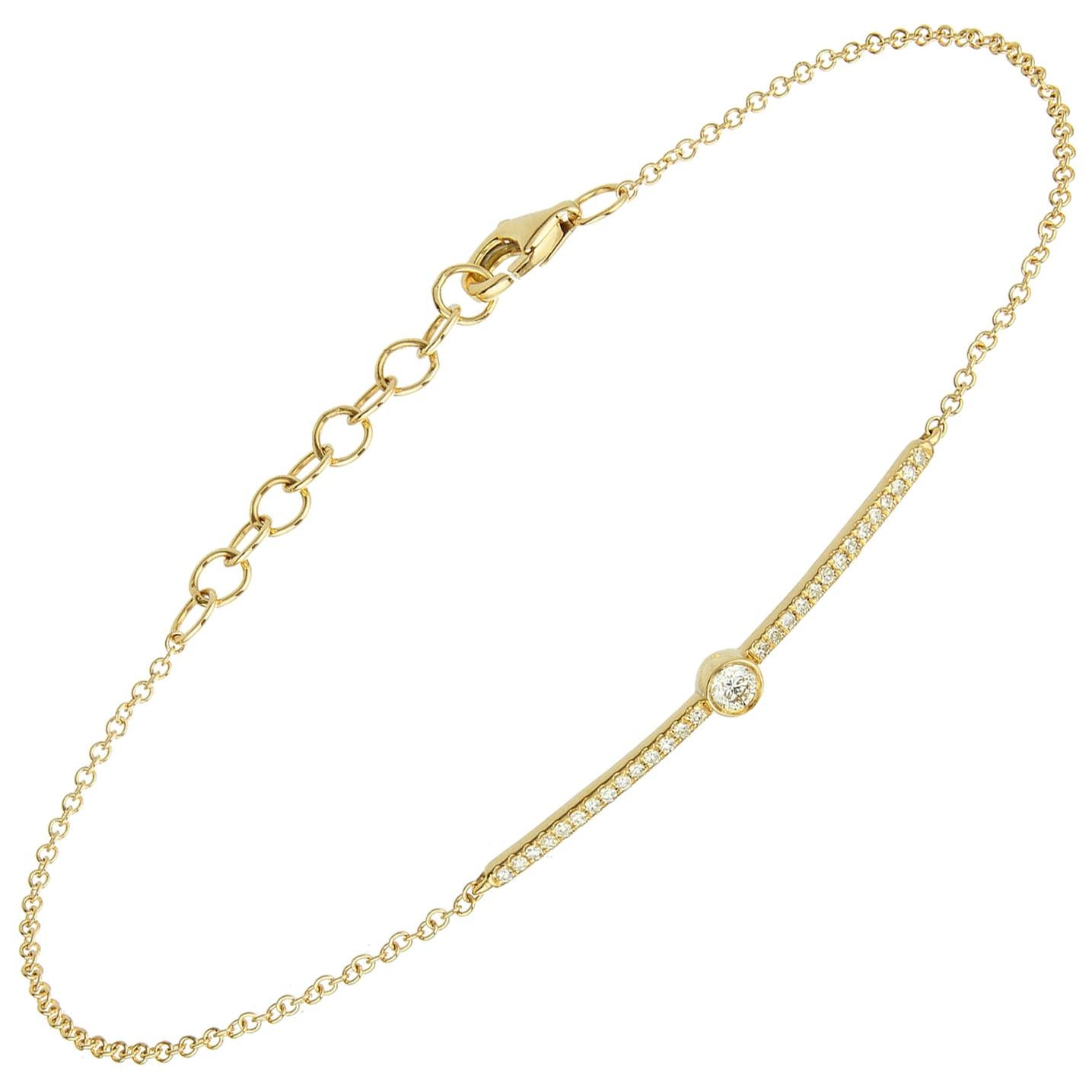 14 Karat Yellow Gold 0.135 Carat Round Diamond Dotted Bar Chain Bracelet For Sale