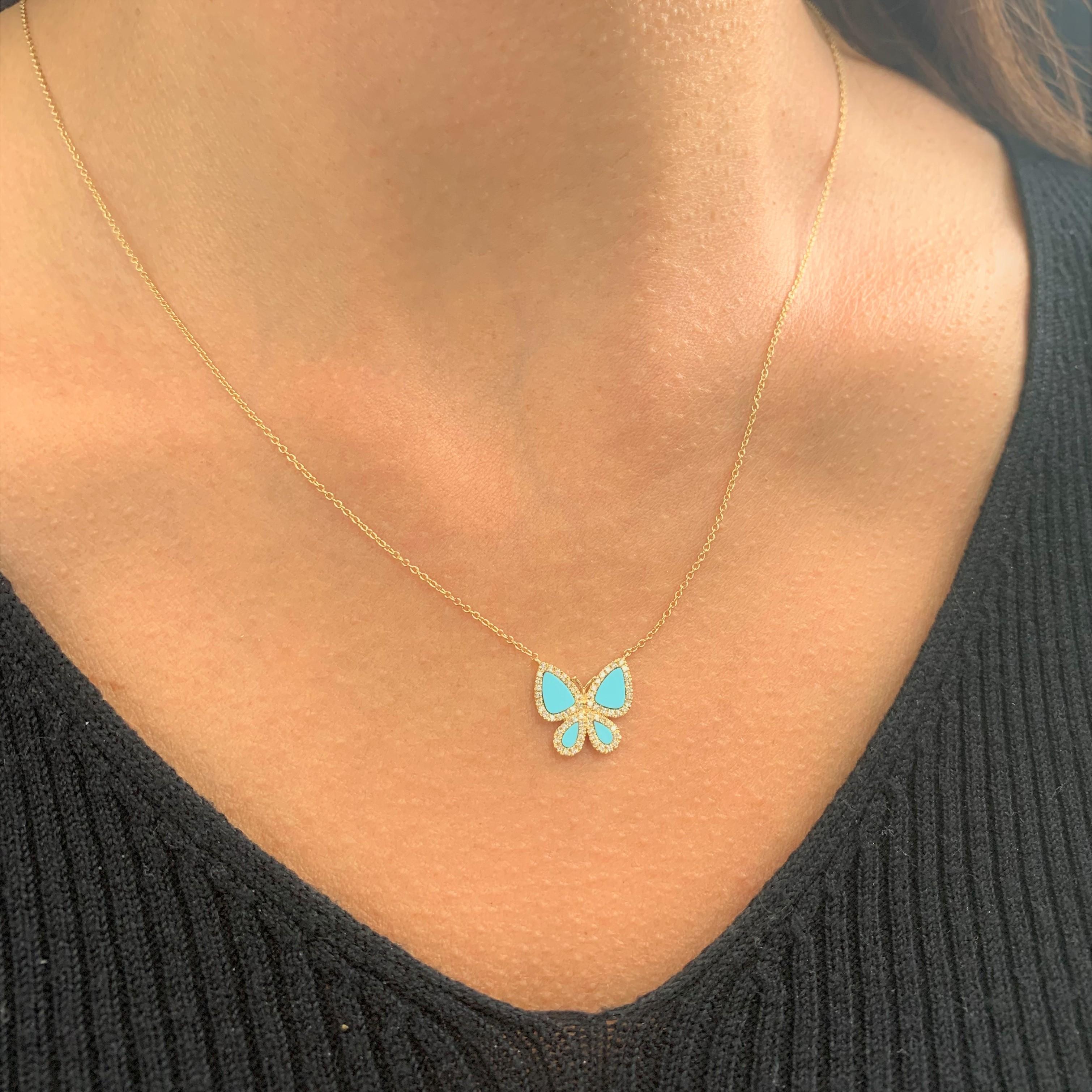 Contemporary 14 Karat Yellow Gold 0.15 Carat Diamond and Turquoise Butterfly Necklace For Sale