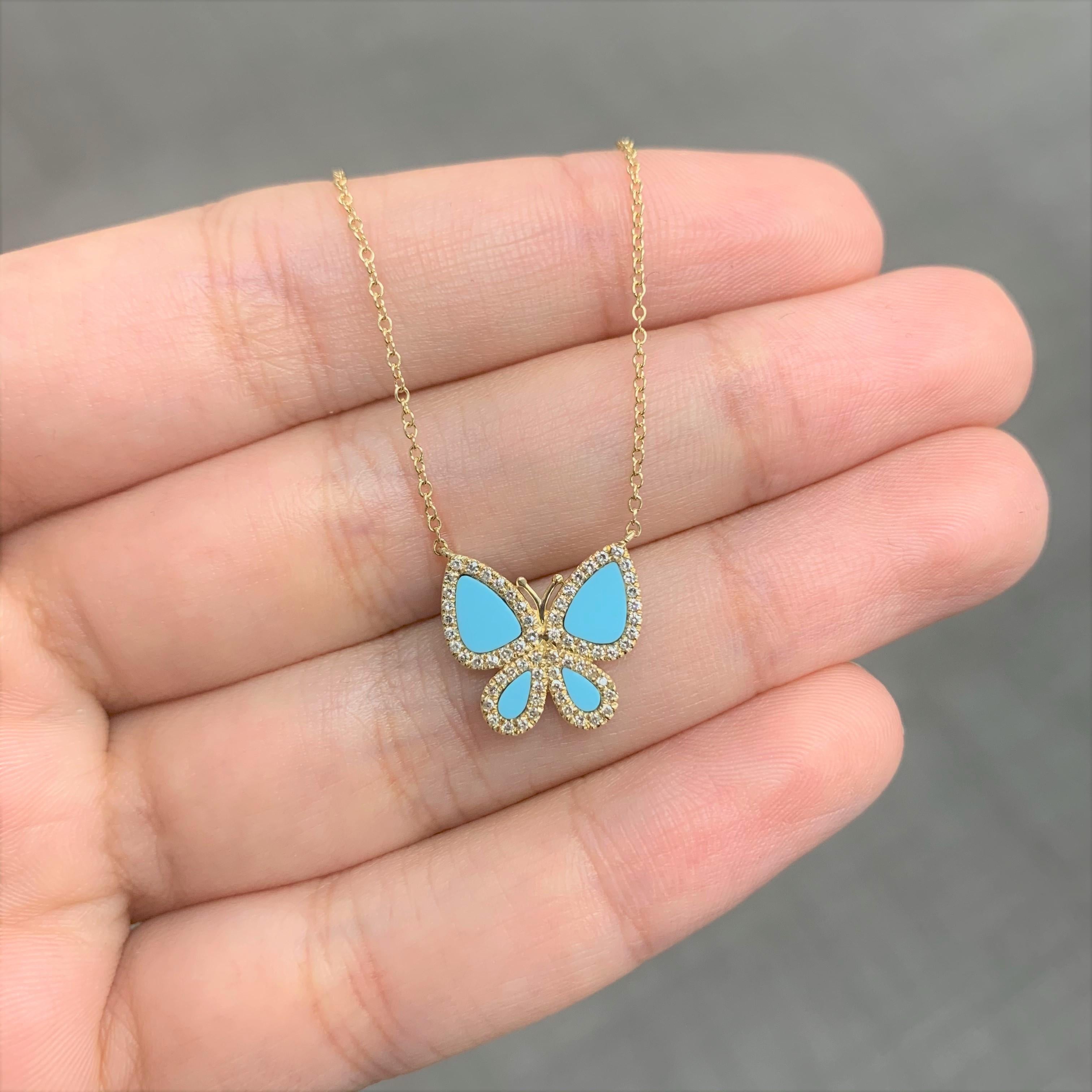 Round Cut 14 Karat Yellow Gold 0.15 Carat Diamond and Turquoise Butterfly Necklace For Sale
