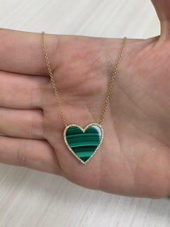 14 Karat Yellow Gold 0.15 Carat Diamond & Malachite Heart Pendant Necklace