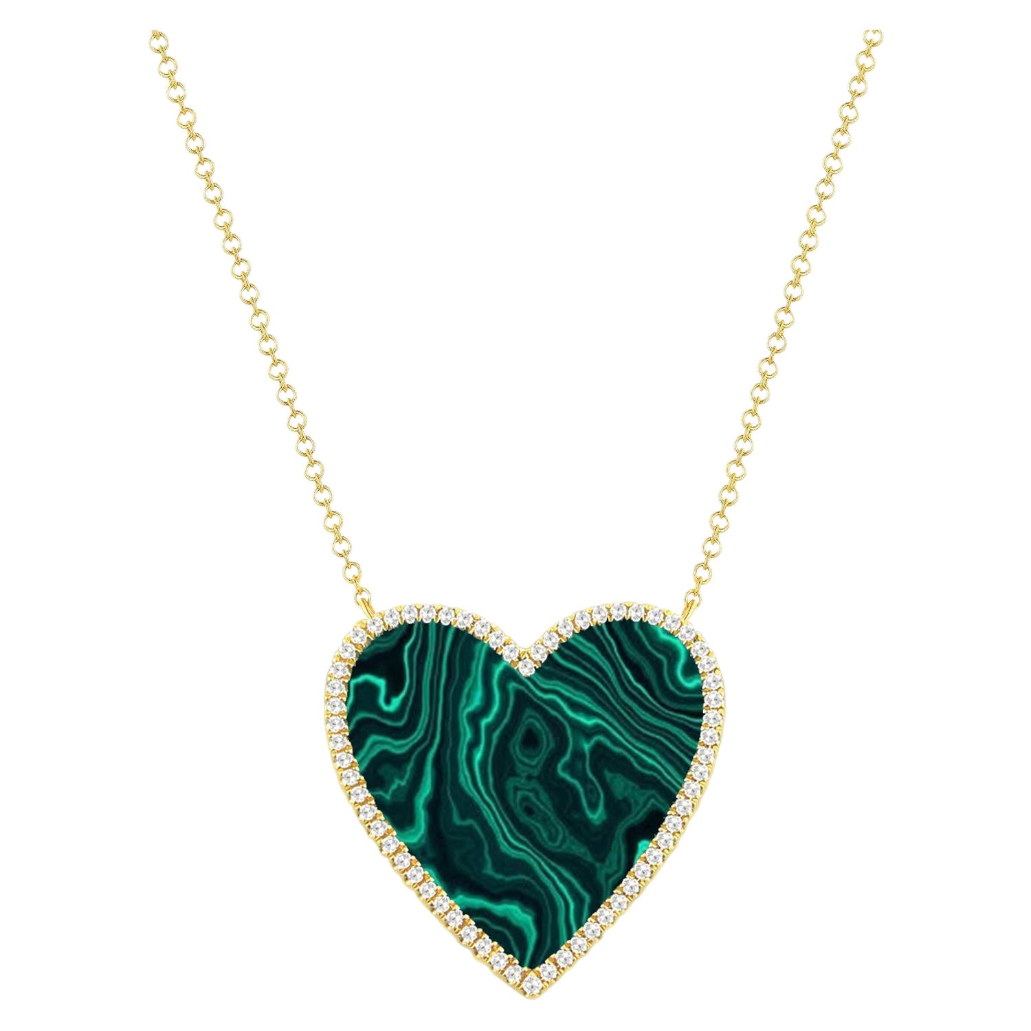 14 Karat Gelbgold 0,15 Karat Diamant & Malachit Herz Anhänger Halskette