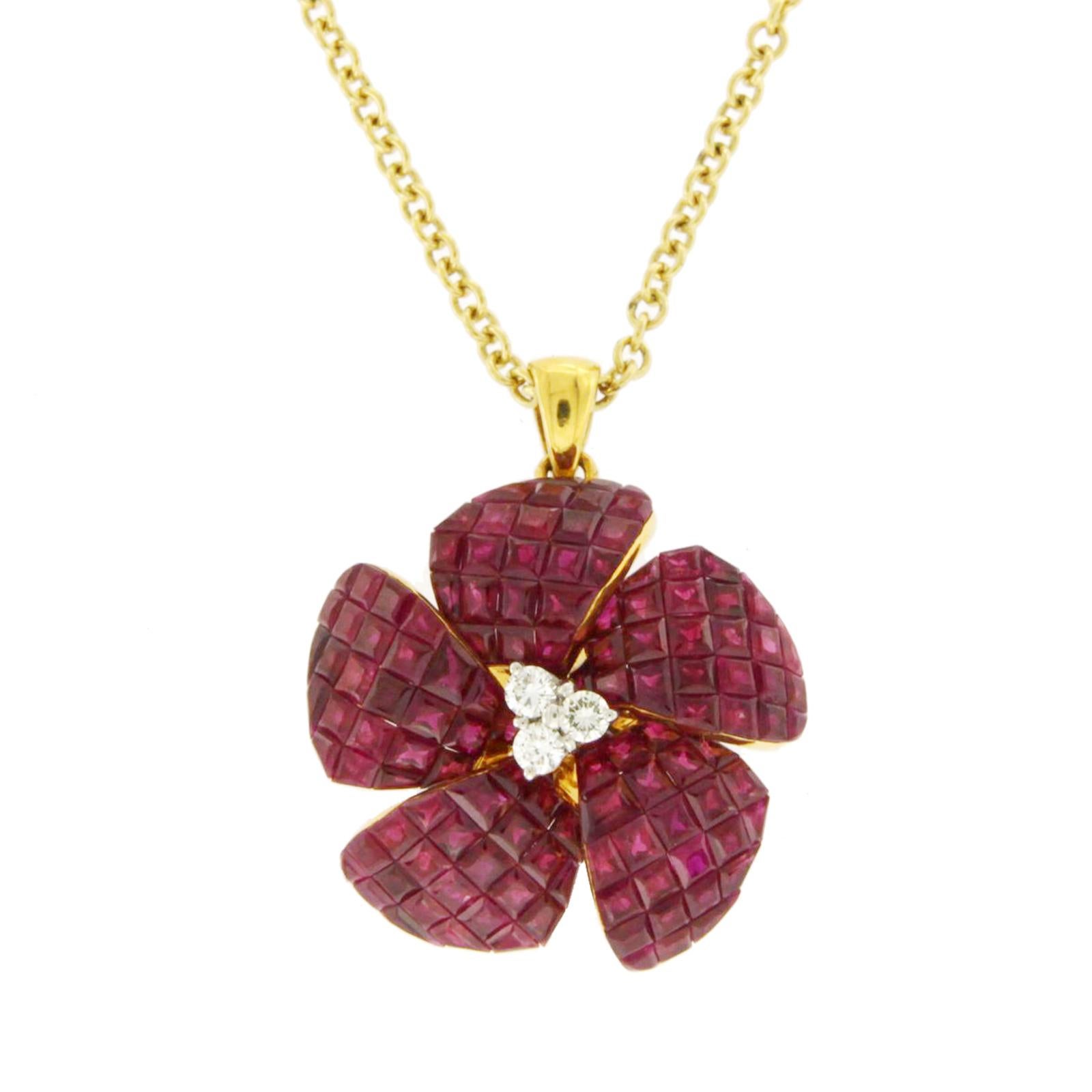 Women's 14 Karat Yellow Gold 0.16 Carat Diamonds 10.54 Carat Invisible Set Ruby Necklace For Sale