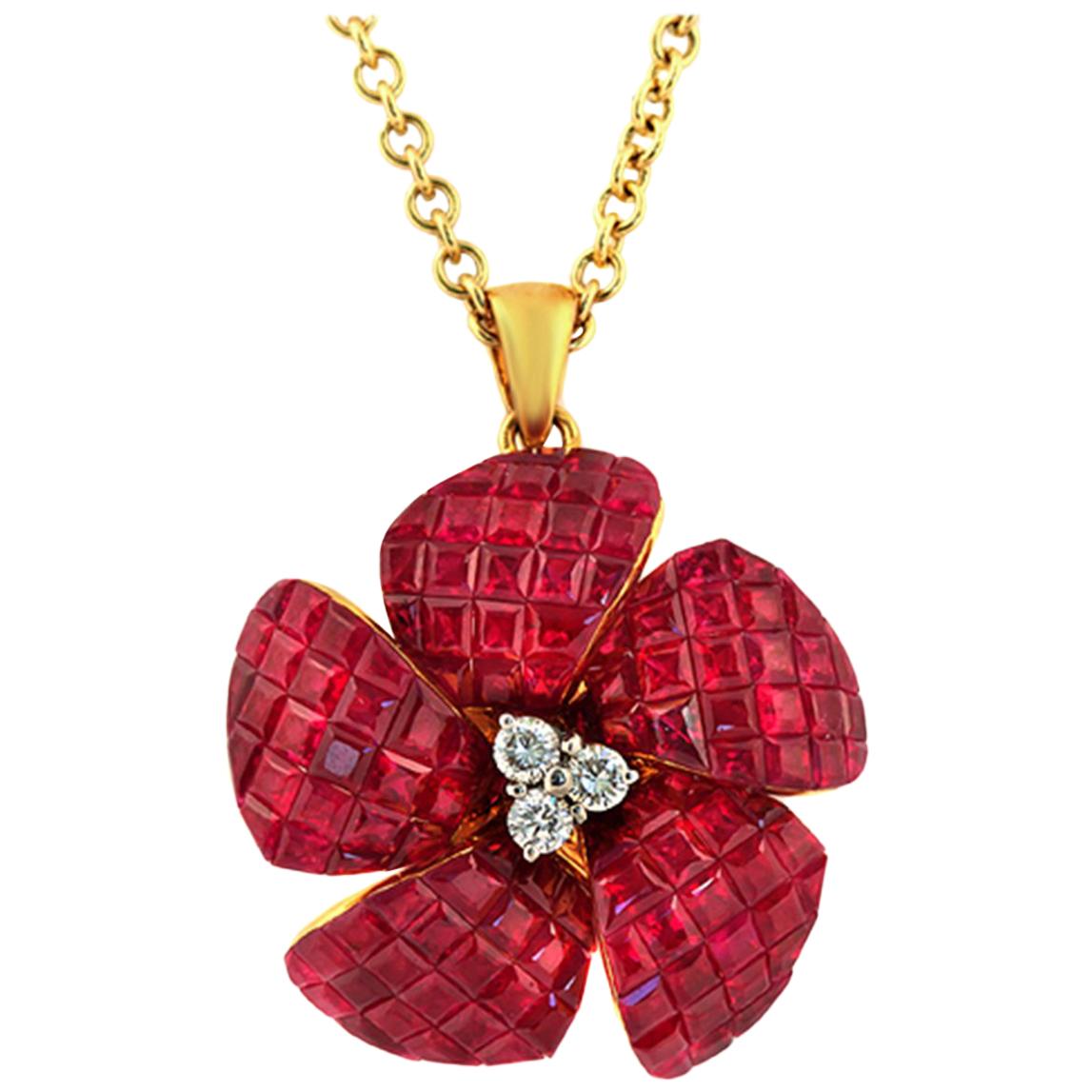 14 Karat Yellow Gold 0.16 Carat Diamonds 10.54 Carat Invisible Set Ruby Necklace For Sale