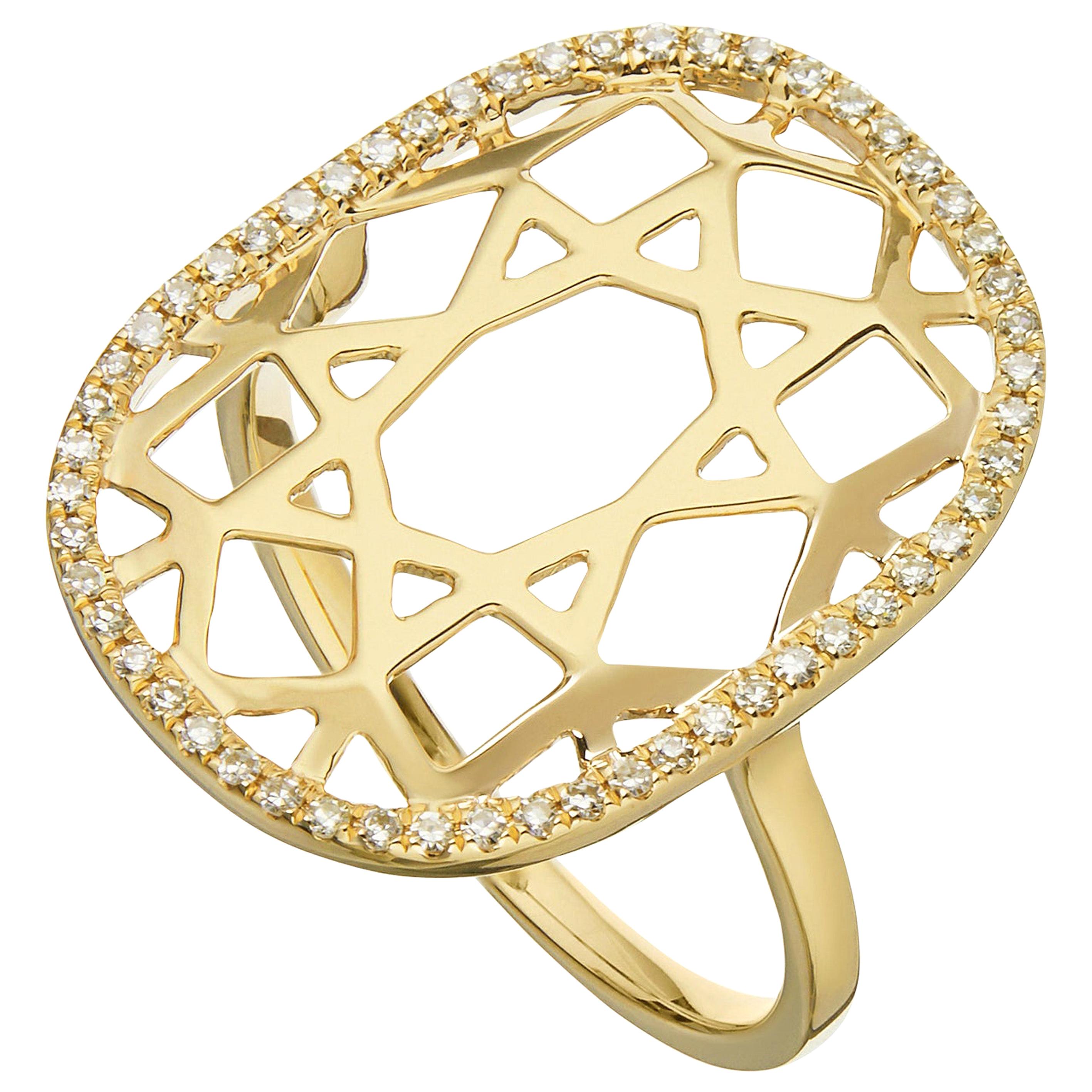 For Sale:  14 Karat Yellow Gold 0.16 Carat Round Diamond 1920s Inspired Plaque Ring
