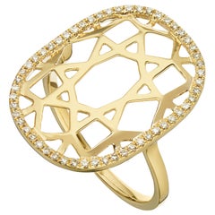 14 Karat Yellow Gold 0.16 Carat Round Diamond 1920s Inspired Plaque Ring