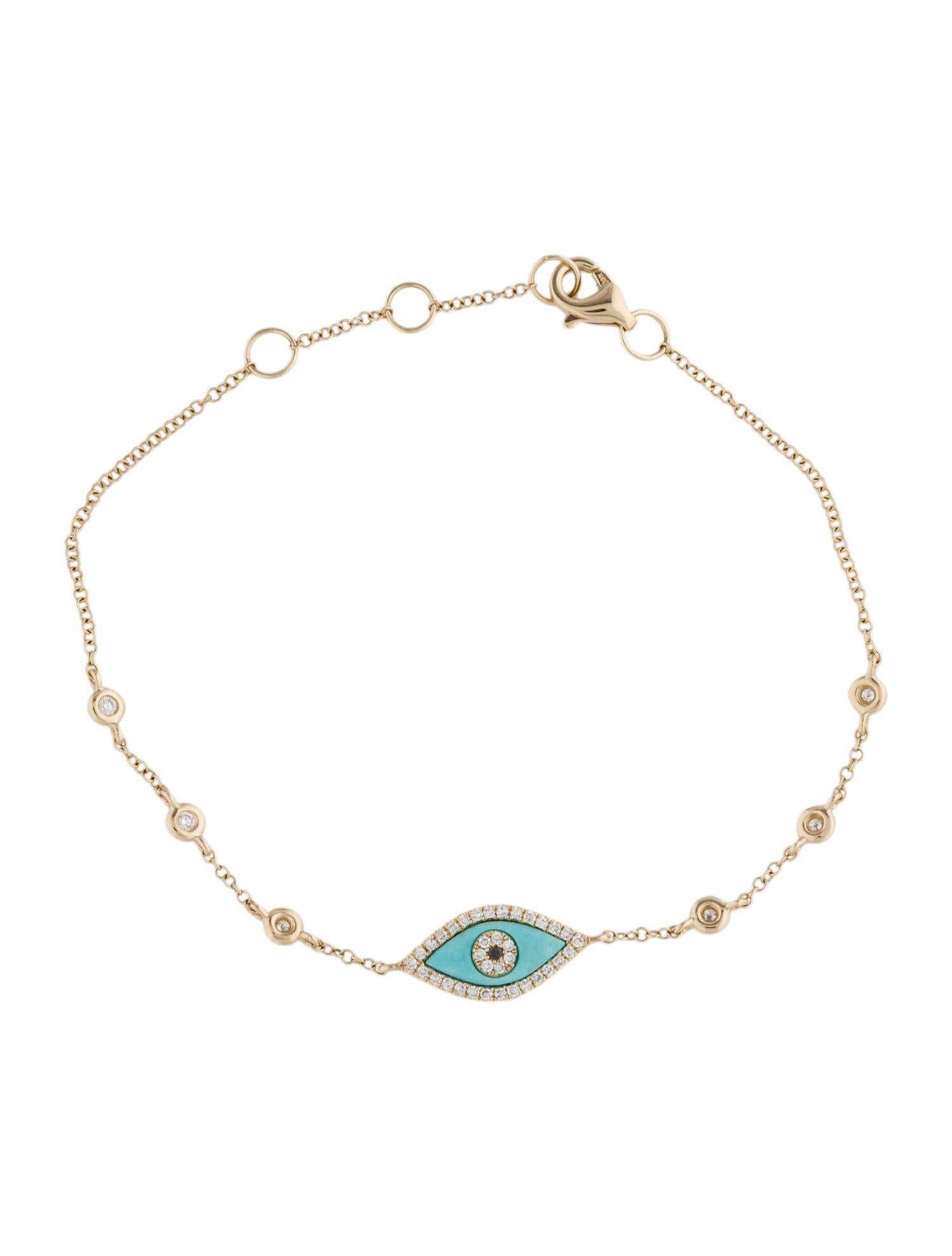 Round Cut 14 Karat Yellow Gold 0.17 Carat Diamond Turquoise Evil Eye Bracelet For Sale