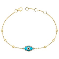 14 Karat Yellow Gold 0.17 Carat Diamond Turquoise Evil Eye Bracelet