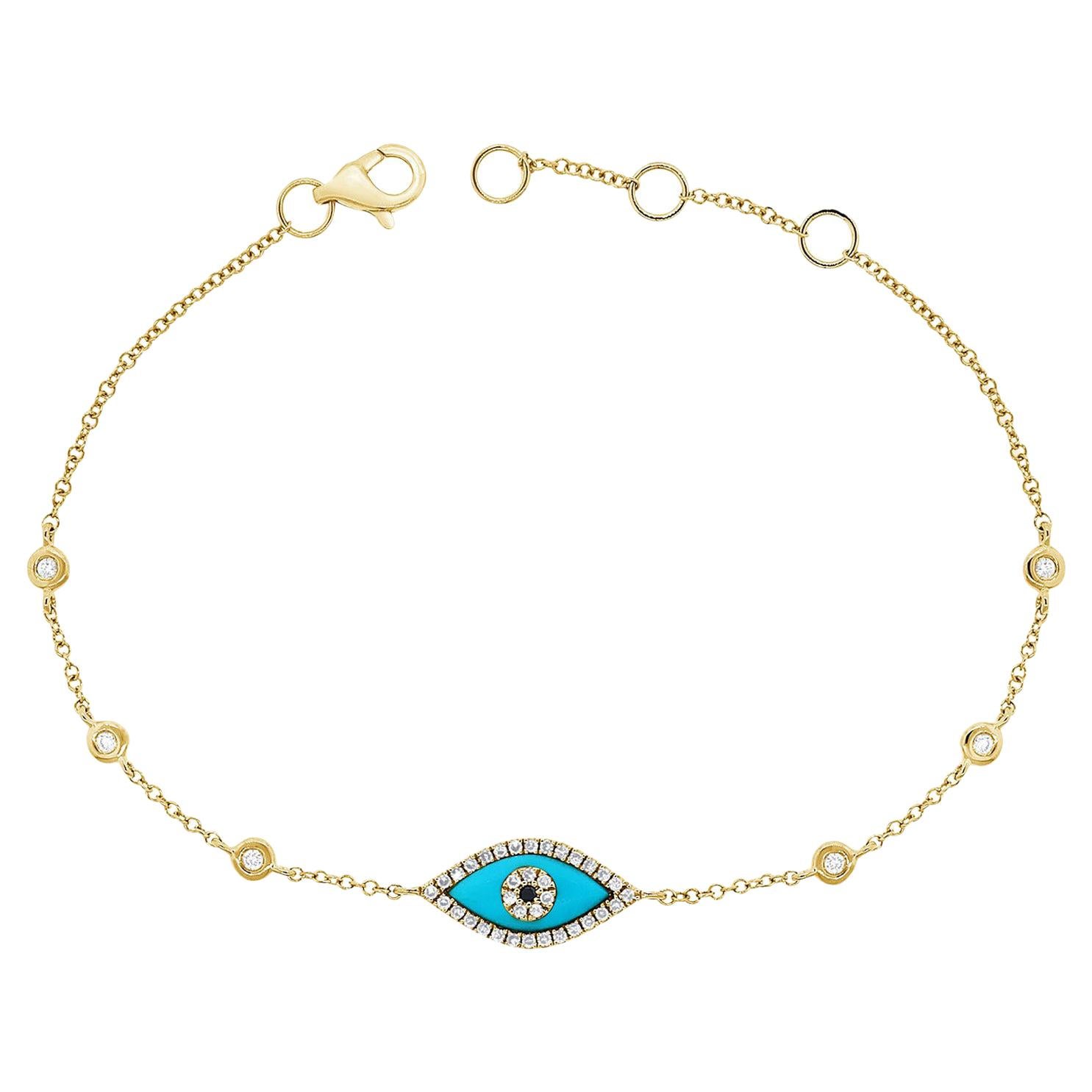 14 Karat Yellow Gold 0.17 Carat Diamond Turquoise Evil Eye Bracelet For Sale