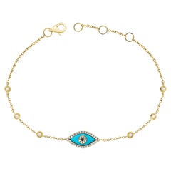 14 Karat Yellow Gold 0.17 Carat Diamond Turquoise Evil Eye Bracelet