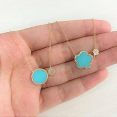 14 Karat Yellow Gold 0.17 Carat Diamond & Turquoise Flower Pendant Necklace