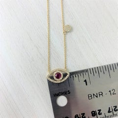 14 Karat Yellow Gold 0.18 Carat Diamond & Ruby Evil Eye Necklace