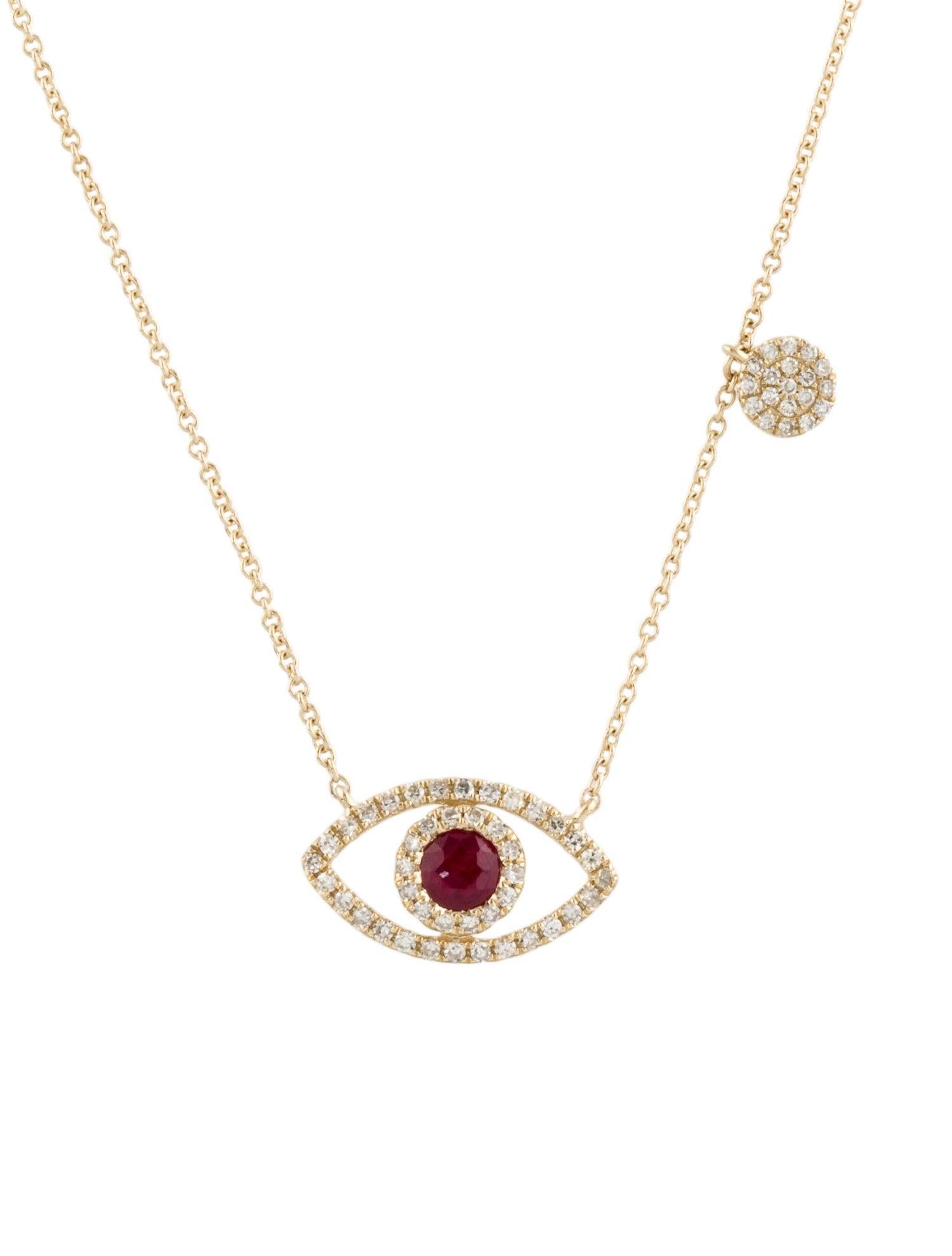 Taille ronde Collier Evil Eye en or jaune 14 carats, diamants de 0,18 carat et rubis en vente