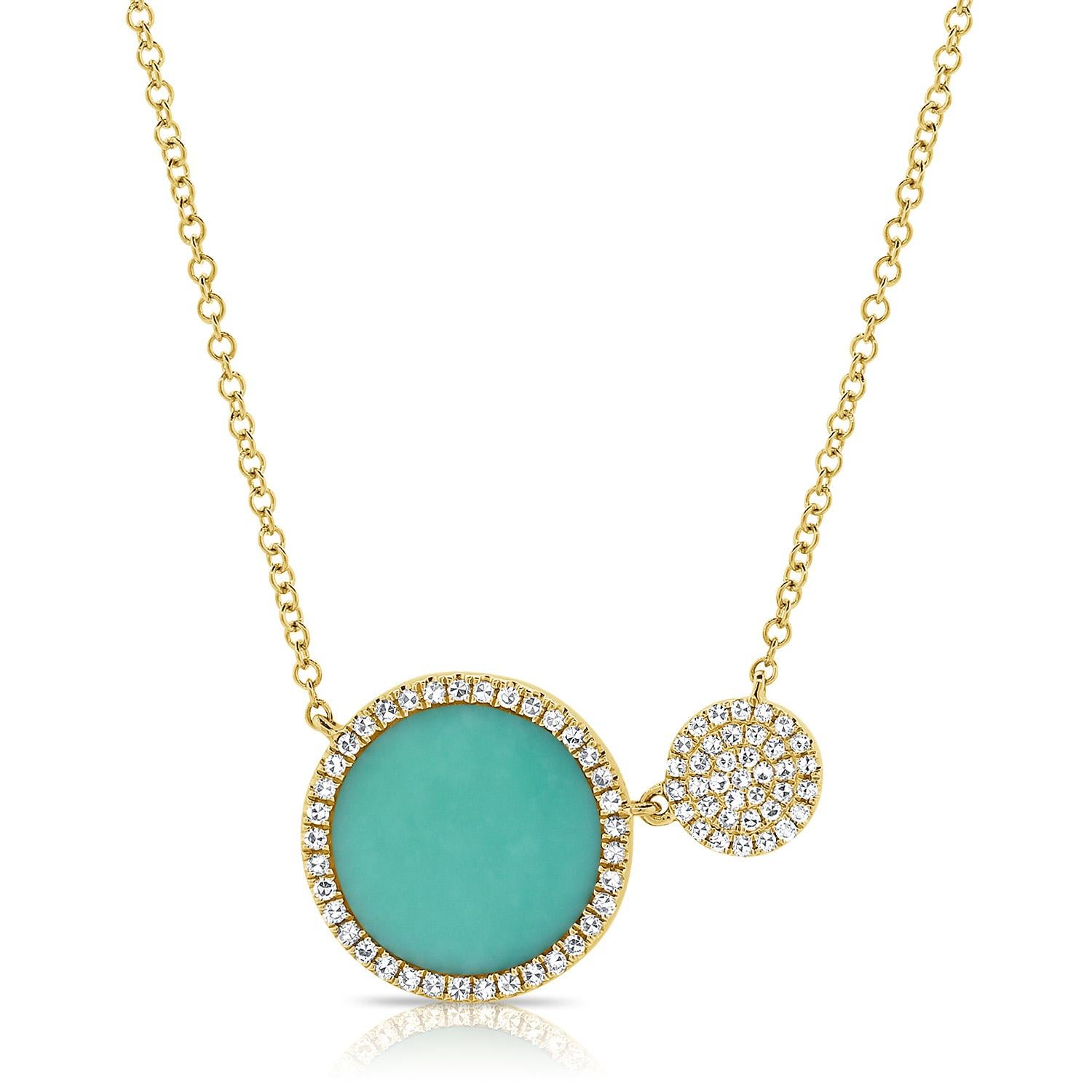 This Beautiful and Vibrant Circle Necklace is crafted of 14K Yellow Gold featuring approximately 0.22 ct. of round Natural Diamonds and a Gorgeous Turquoise 1.68 ct. Circle cut stone. Chain is Adjustable to 16, 17 & 18