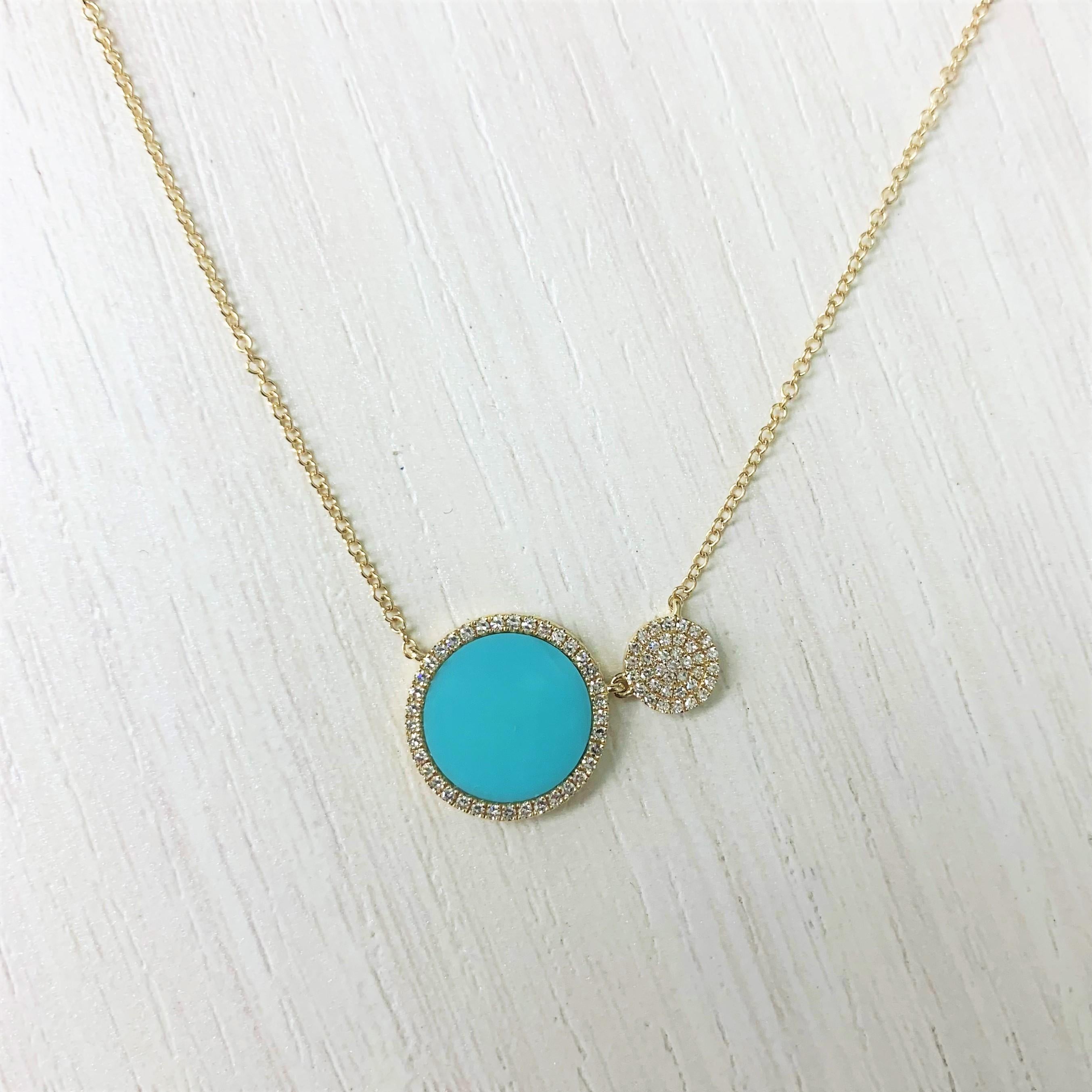 Contemporary 14 Karat Yellow Gold 0.22 Carat Diamond and Turquoise Pendant Necklace For Sale