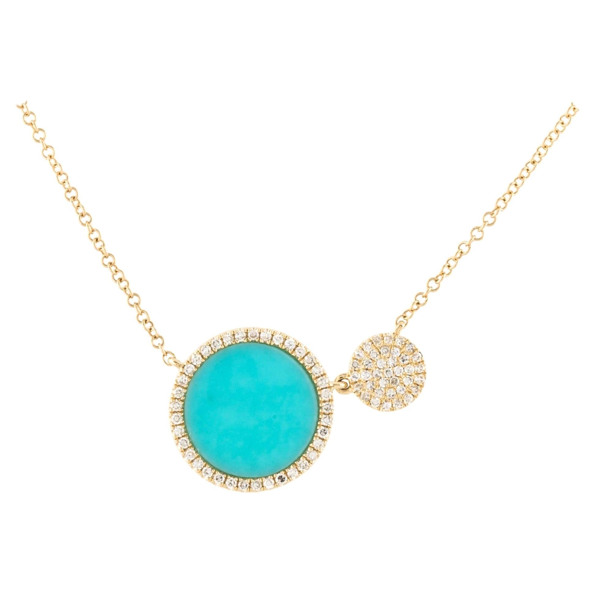 14 Karat Yellow Gold 0.22 Carat Diamond and Turquoise Pendant Necklace For Sale