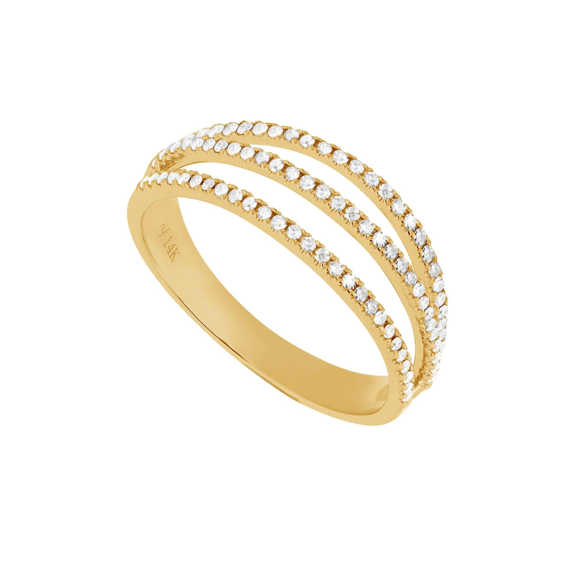 For Sale:  14 Karat Yellow Gold 0.23 Carat Round Diamond Triple Line Band Ring 2