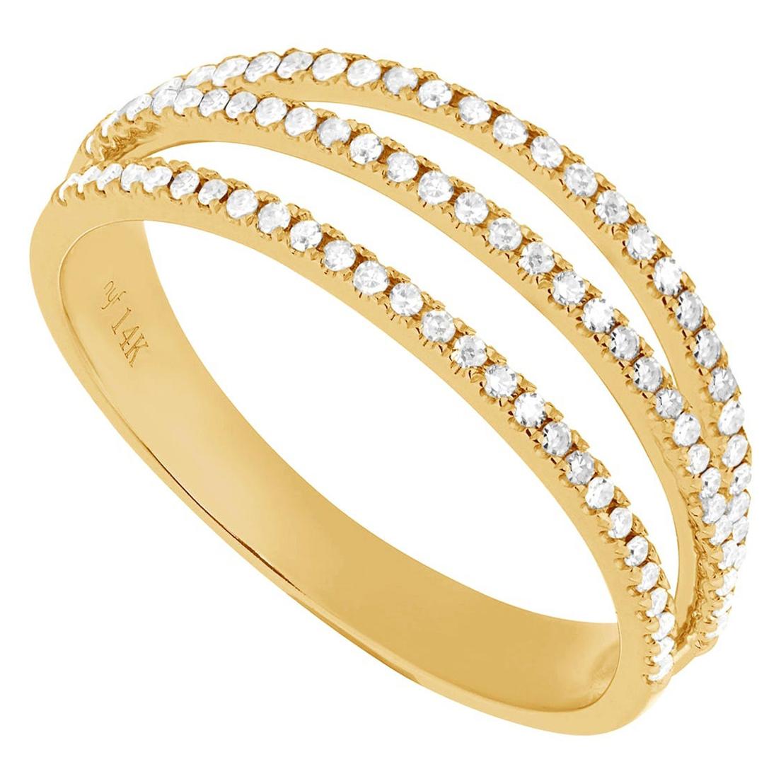 For Sale:  14 Karat Yellow Gold 0.23 Carat Round Diamond Triple Line Band Ring