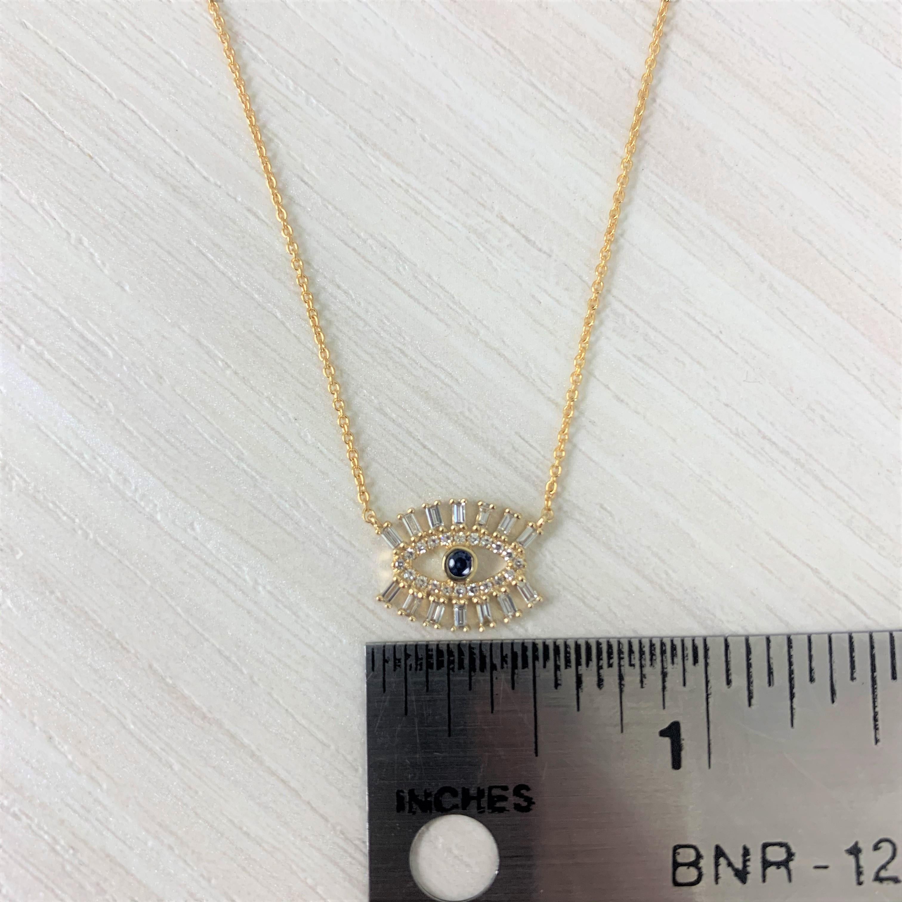 Round Cut 14 Karat Yellow Gold 0.24 Carat Diamond and Sapphire Evil Eye Necklace For Sale