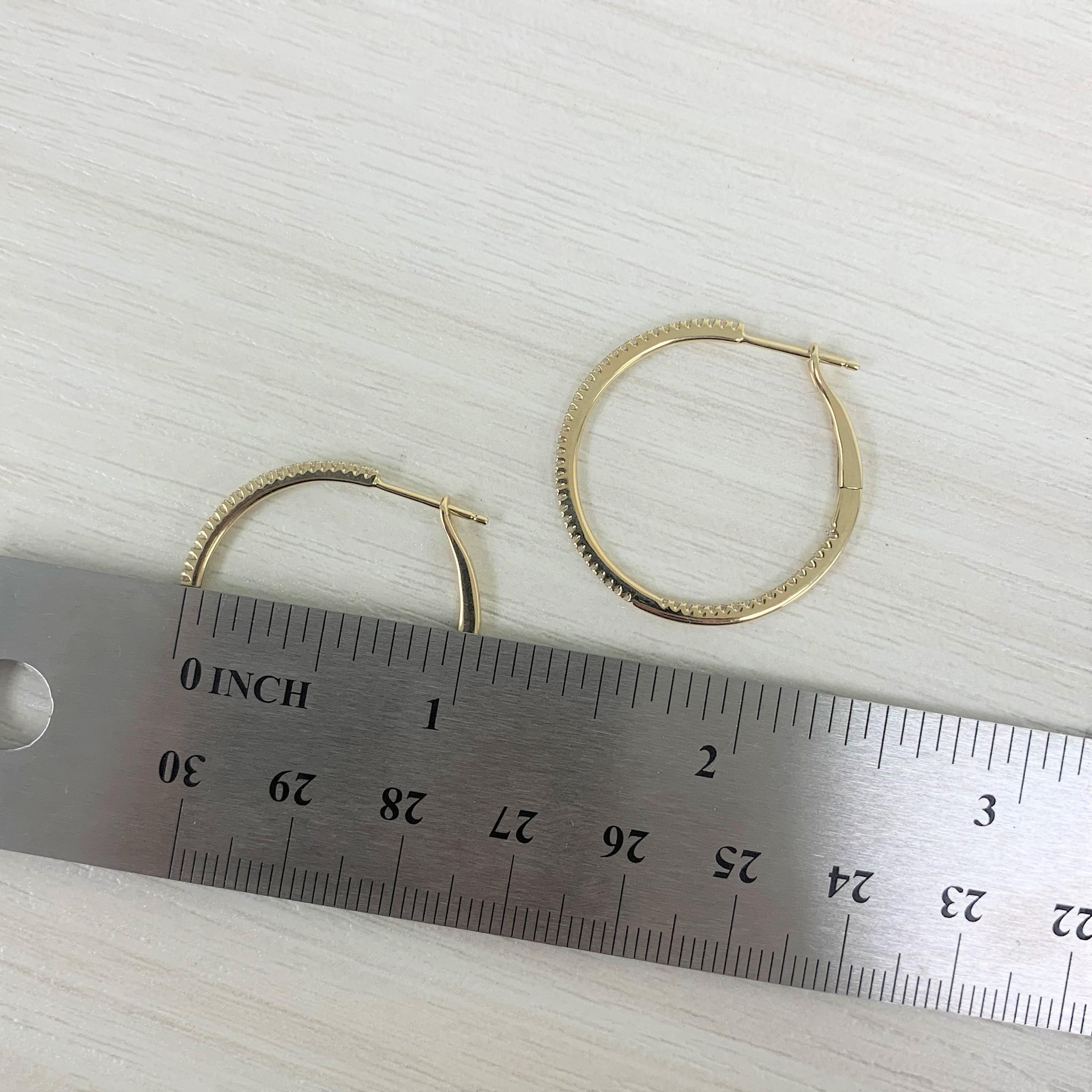 Round Cut 14 Karat Yellow Gold 0.30 Carat Diamond Skinny Hoop Earrings For Sale