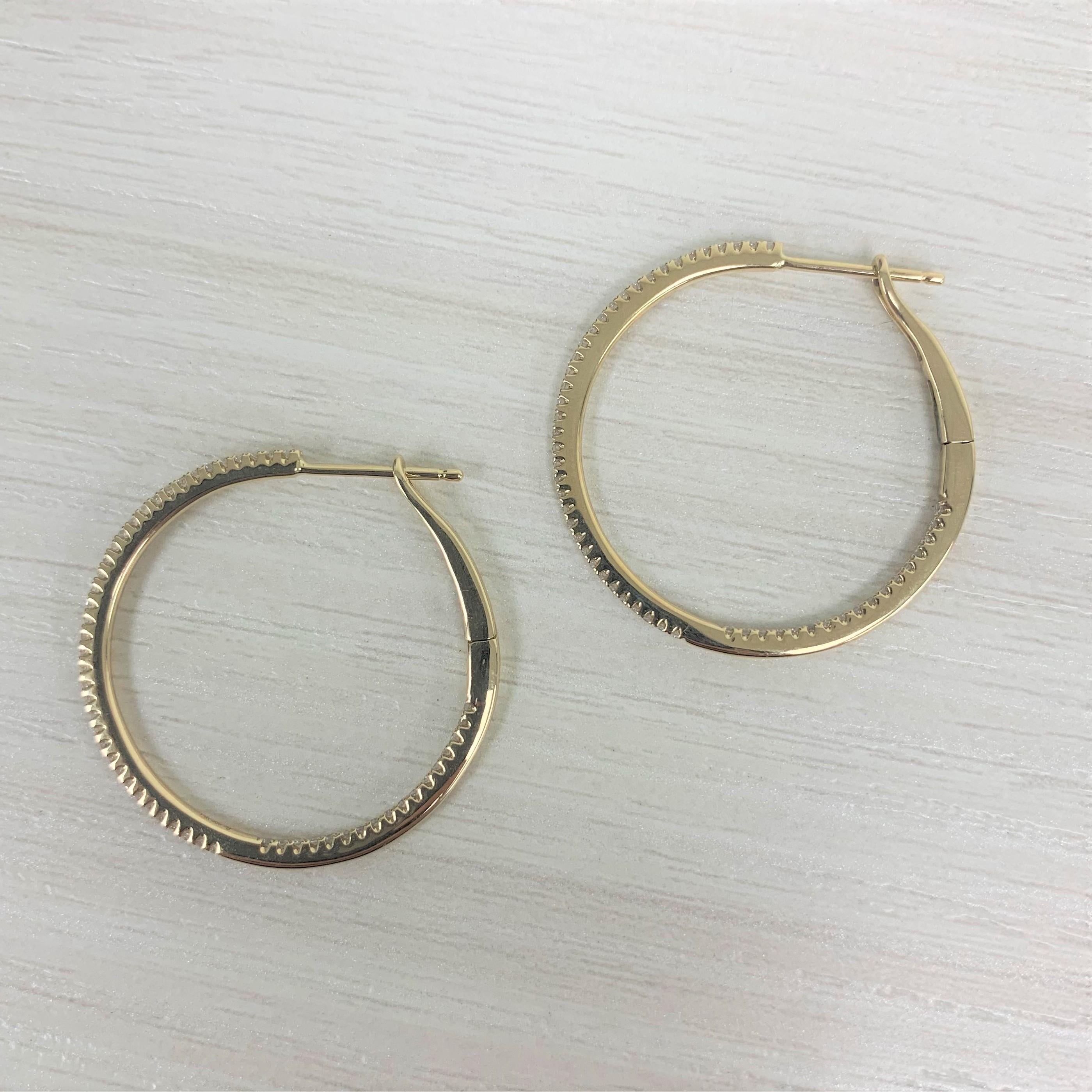 14 Karat Yellow Gold 0.30 Carat Diamond Skinny Hoop Earrings In New Condition For Sale In Great neck, NY