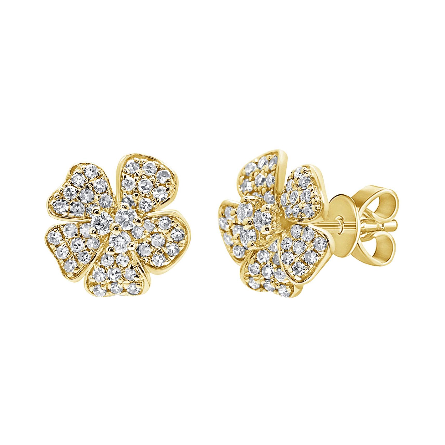 Clous d'oreilles fleur en or jaune 14 carats et diamants 0,34 carat