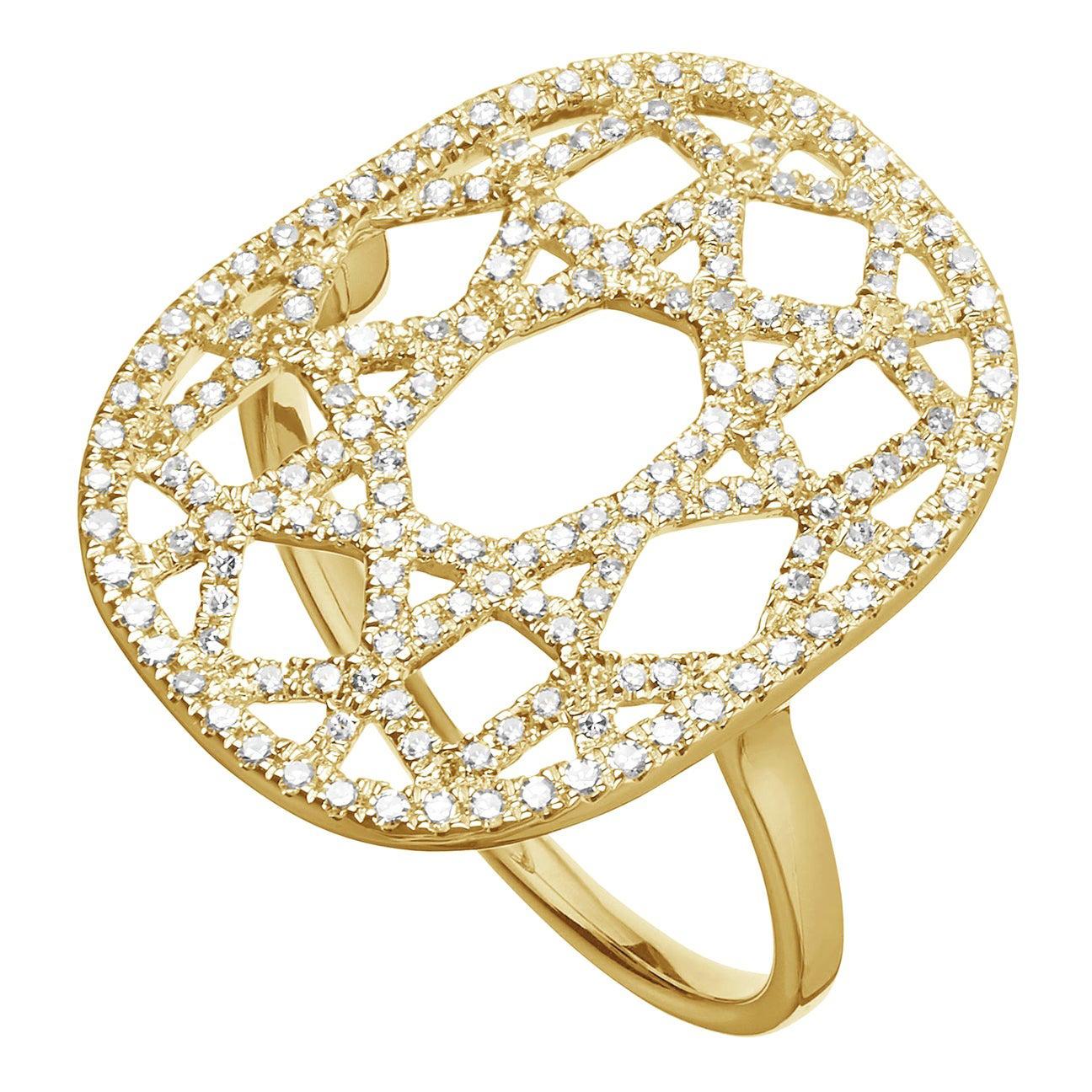 For Sale:  14 Karat Yellow Gold 0.38 Carat Round Diamond 1920s Inspired Plaque Ring