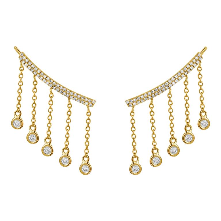 14 Karat Yellow Gold 0.38 Carat Round Diamond Drop Climbing Earrings For Sale