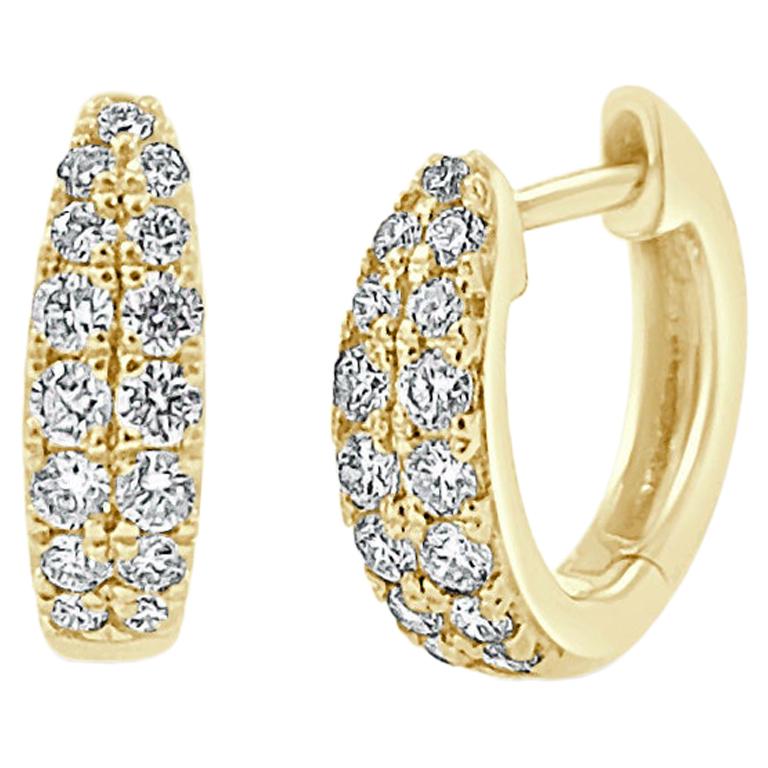 14 Karat Yellow Gold 0.39 Carat Diamond Double Row Huggie Earrings For Sale