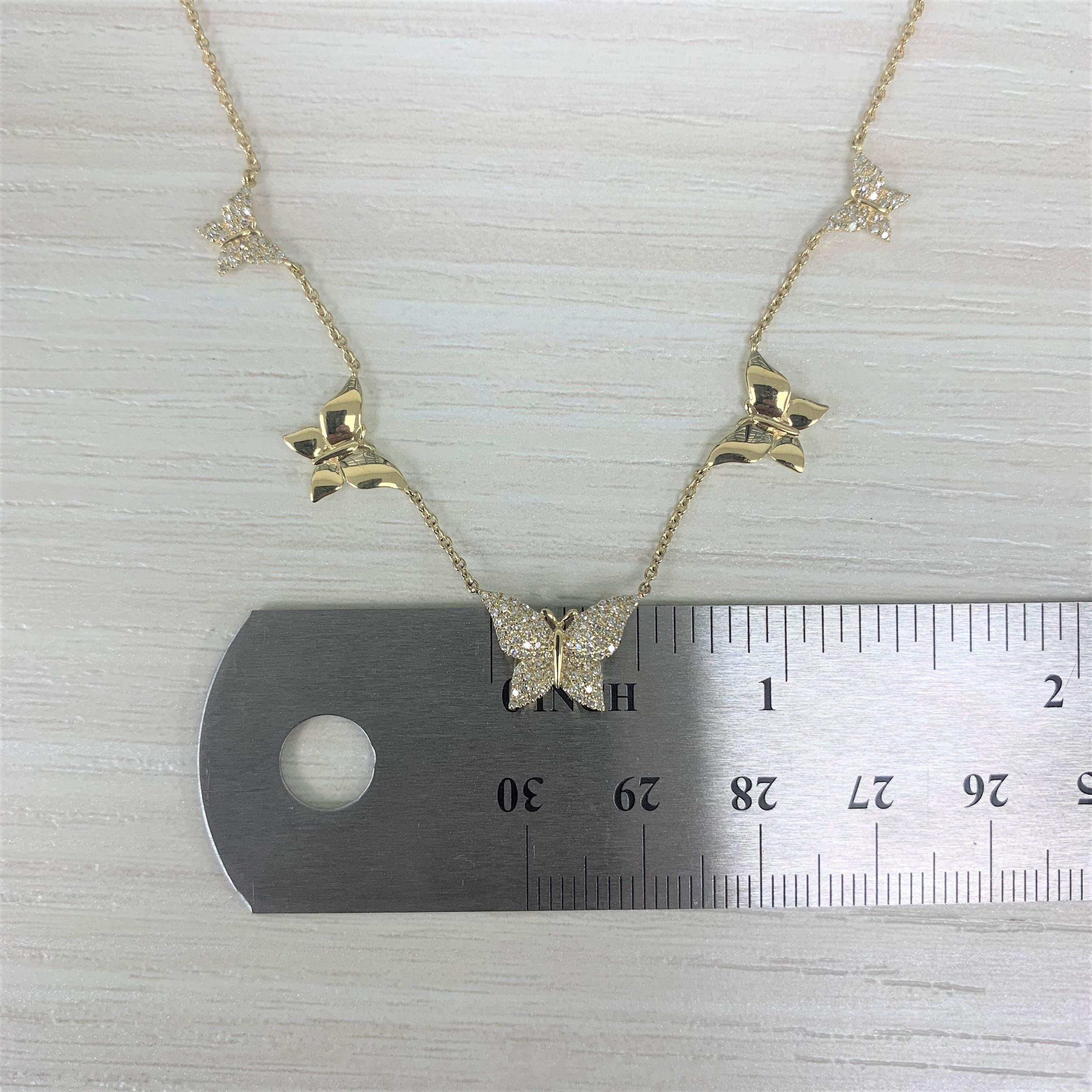 Contemporary 14 Karat Yellow Gold 0.42 Carat Diamond Butterfly Station Necklace