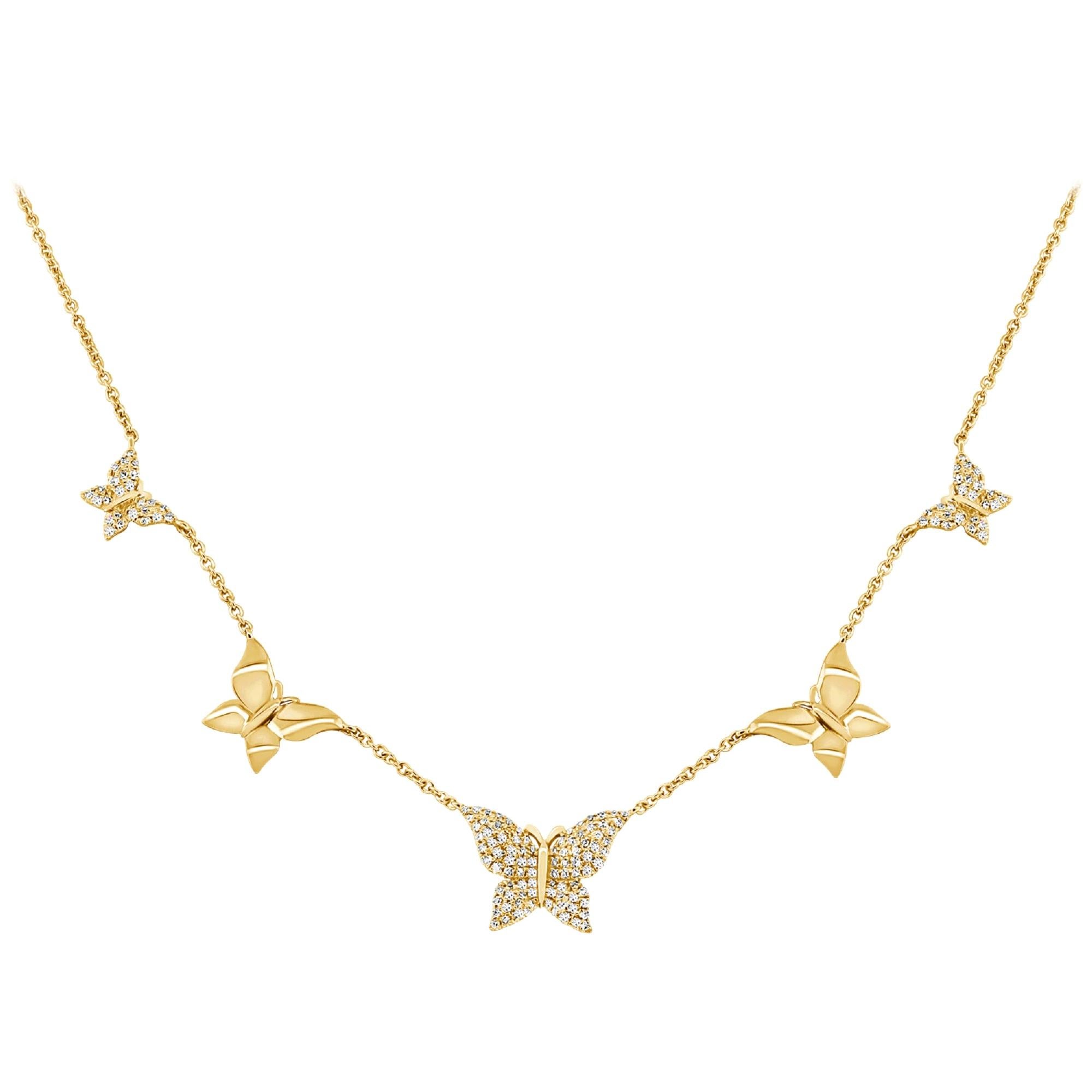 14 Karat Yellow Gold 0.42 Carat Diamond Butterfly Station Necklace
