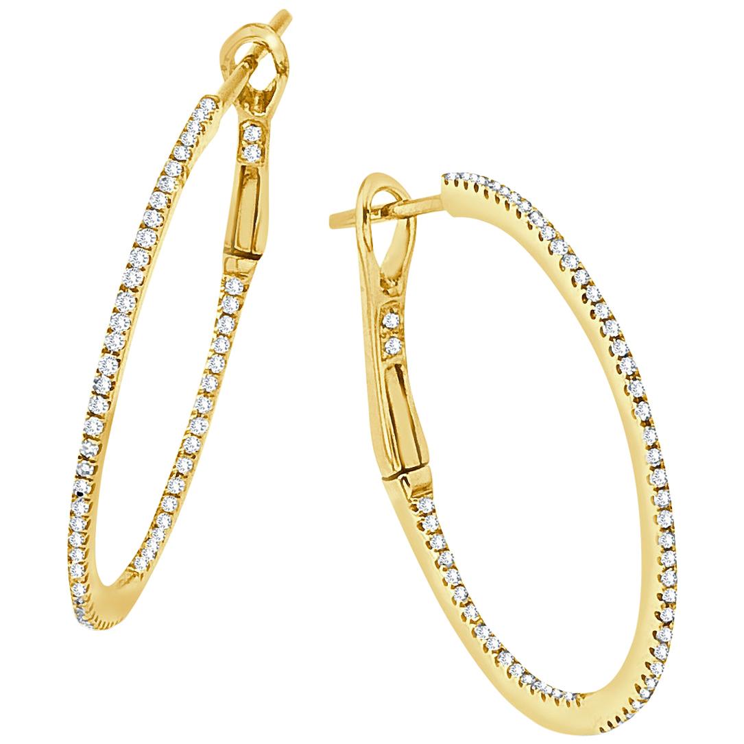 14 Karat Yellow Gold 0.50 Carat Diamond Round Hoop Earrings For Sale