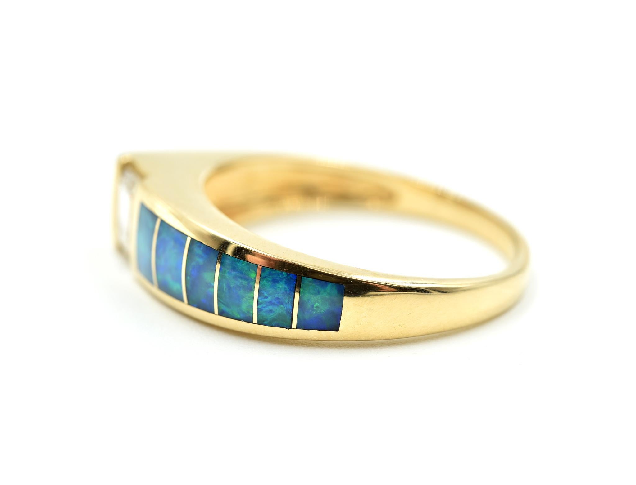 Modern 14 Karat Yellow Gold, 0.50 Carat Emerald Cut and Opal Inlay “Kabana” Band