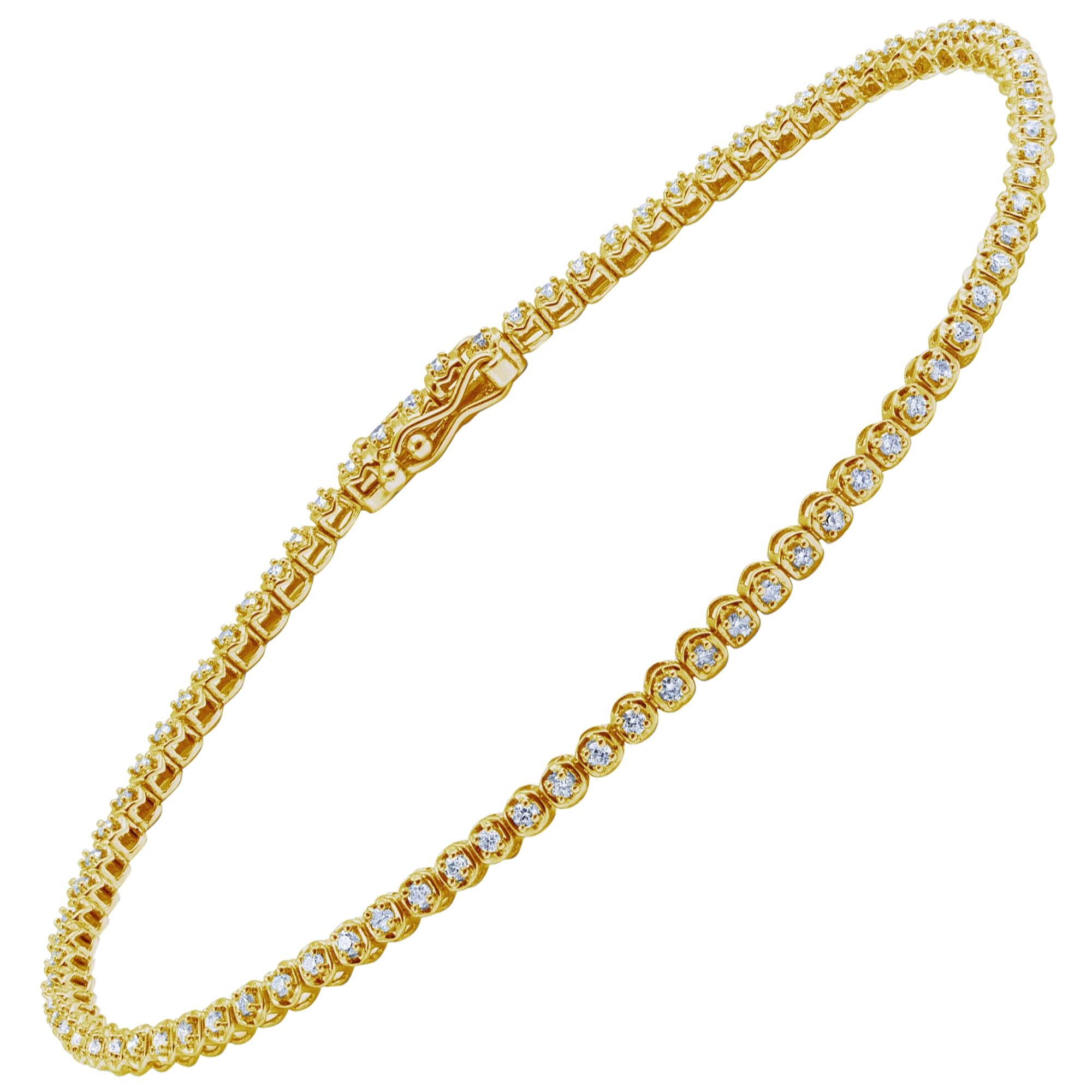 14 Karat Yellow Gold 0.50 Carat Round Brilliant Diamond Line Tennis Bracelet For Sale