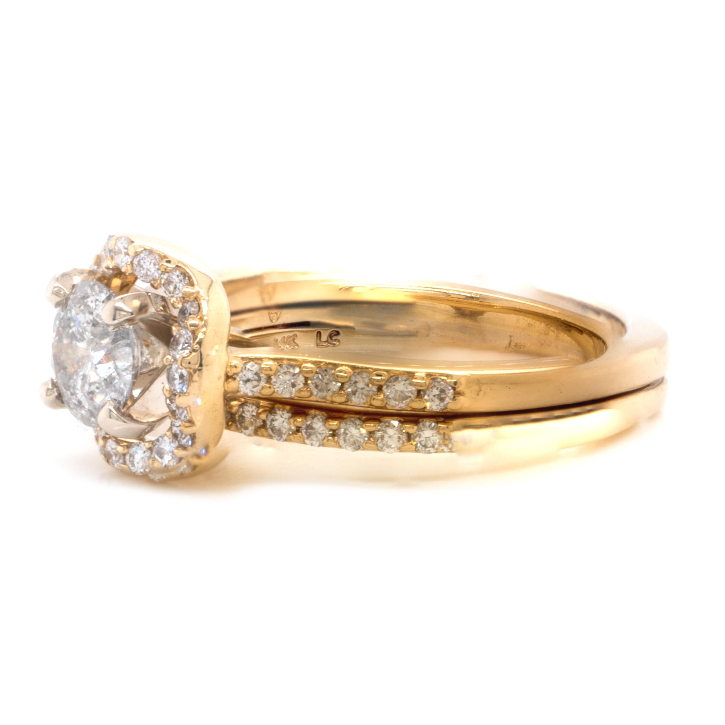 Designer: custom
Material: 14K yellow gold
Diamond: 1 round brilliant cut = 0.50ct 
Color: Galaxy
Clarity: Galaxy
Diamond: 48 round cut = .48cttw
Color: H
Clarity: SI2
Ring Size: 6.5 (please allow up to 2 additional business days for sizing