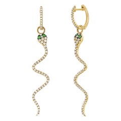 14 Karat Yellow Gold 0.53 Carat Diamond and Tsavorite Snake Dangle Earrings