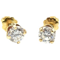 14 Karat Yellow Gold 0.66 Carat Round Diamond Stud Earrings, 1.00 Grams