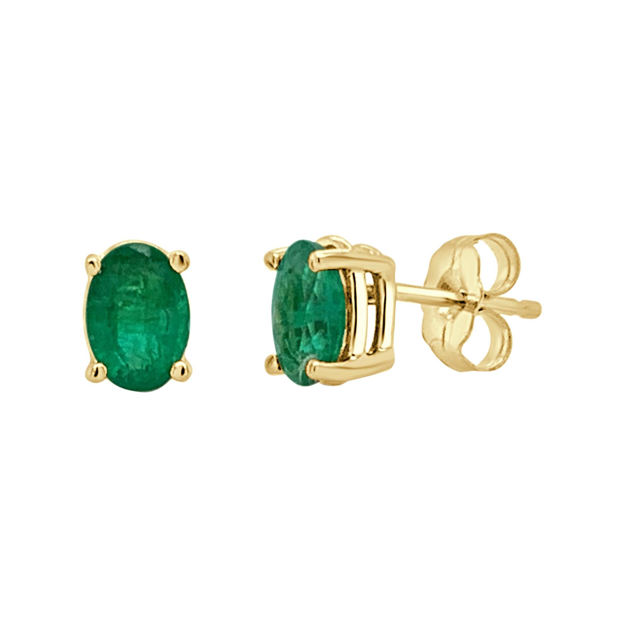 14 Karat Yellow Gold 0.80 Carat Green Emerald Oval Shape Stud Earrings For Sale