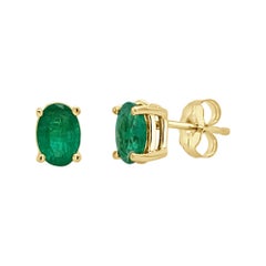 14 Karat Yellow Gold 0.80 Carat Green Emerald Oval Shape Stud Earrings