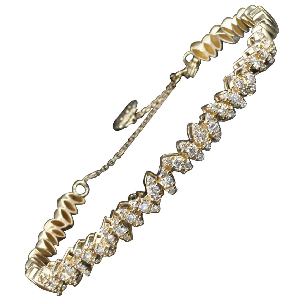 0.83 Carat Leaf Motif Fashion Diamond Bangle Bracelet 14K Yellow Gold For Sale