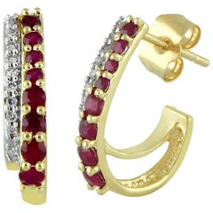 14 Karat Yellow Gold 1/10 Carat Diamond and Round Ruby Fashion Earrings