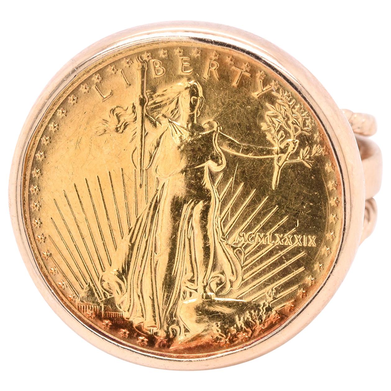 14 Karat Yellow Gold 1/10th Liberty Eagle Coin Ring For Sale