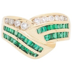 14 Karat Yellow Gold 1 Carat Channel Set Emerald and Diamond Right Hand Ring